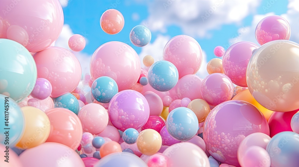 Colorful Abstract Composition of Floating Bubbles in Blue Sky