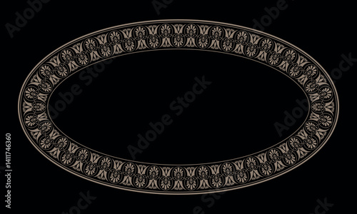 Greek golden pattern frame, border. Gold Greek Oval porcelain plate on black background. Decorative ornament of the Egyptian, assyrian, greek motive. For plate, textile, porcelain, embroidery, ceramic