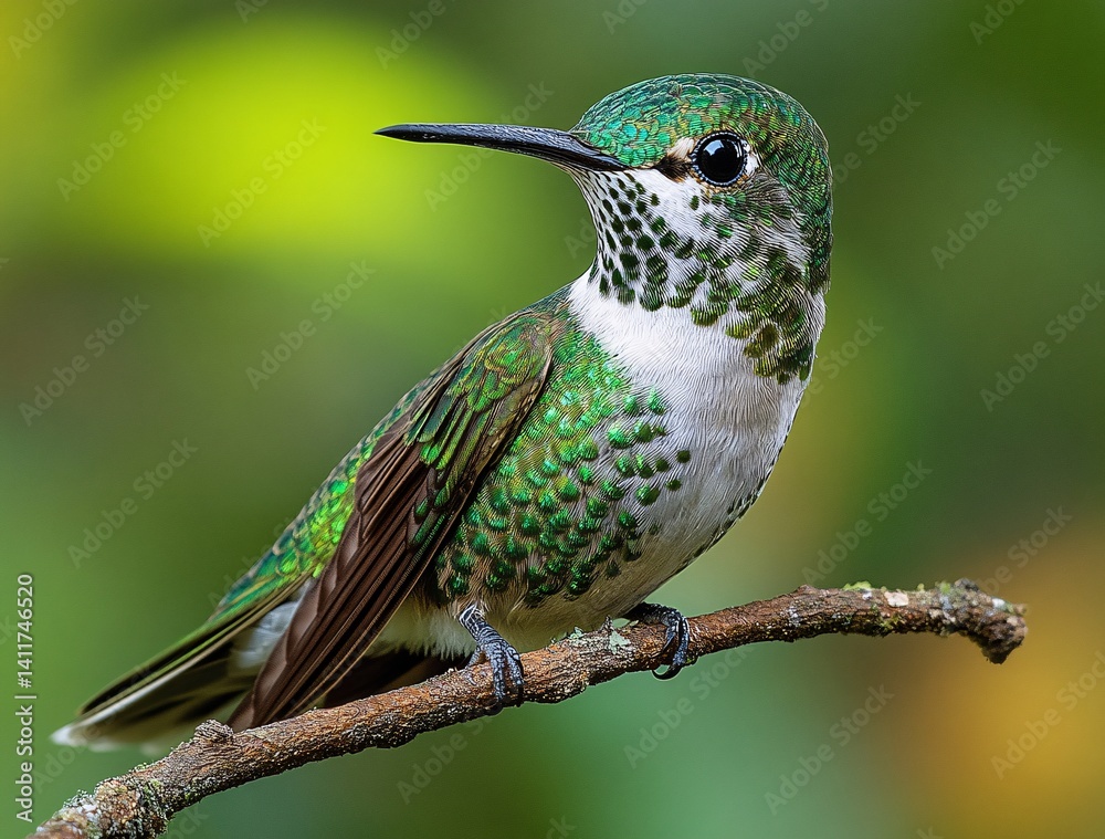 Obraz premium Vibrant Hummingbird Perched on a Branch Against a Colorful Background