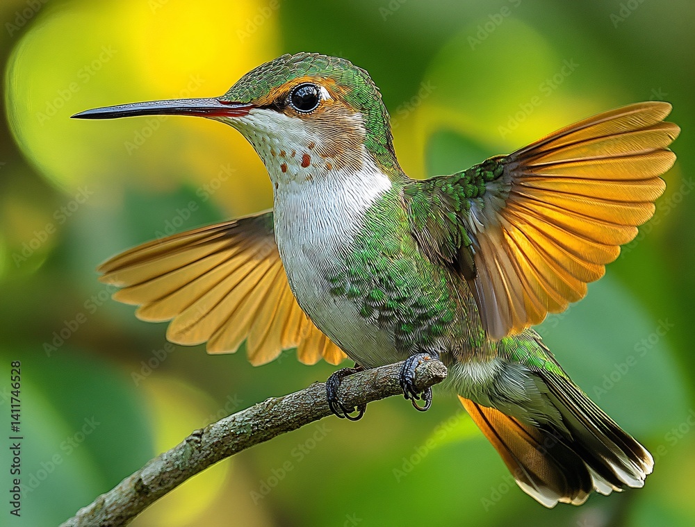 Fototapeta premium Vibrant Hummingbird Spreading Wings in Lush Green Environment