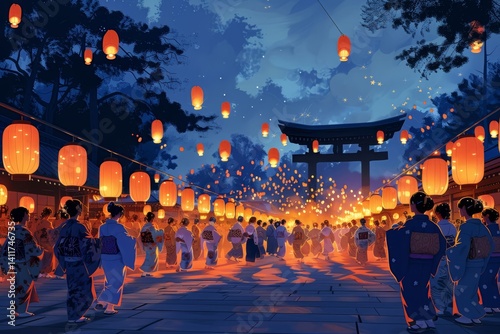 People performing the Bon Odori dance at the Obon Festival, honoring ancestors