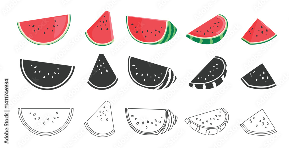 Watermelon fruit icon clipart set. Watermelon clipart symbol, silhouette, outline and hand drawn graphic collection elements tropical fruits vector illustration.
Watermelon fruit icon clipart set. Watermelon clipart symbol, silhouette, outline and hand drawn graphic collection elements tropical fruits vector illustration.