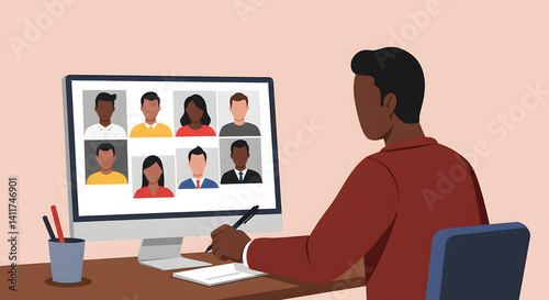 Virtual Meeting Concept Person Participating in Online Conference with Diverse Group on Screen