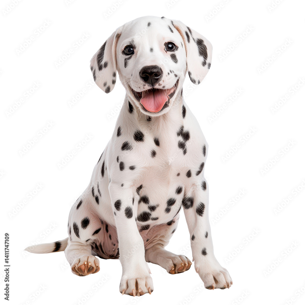 Playful Dalmatian Puppy with Cheerful Expression Sitting on White Background Playful Dalmatian Puppy with Cheerful Expression Sitting on White Background