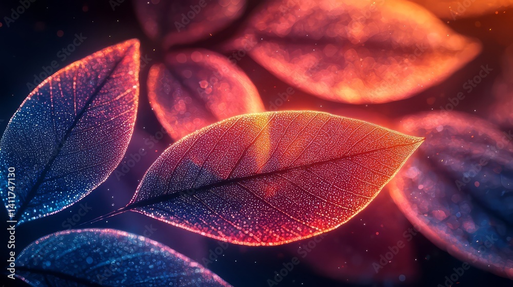 Obraz premium Vibrant close-up of illuminated leaves showcasing rich colors and textures, perfect for nature-themed designs and backgrounds.