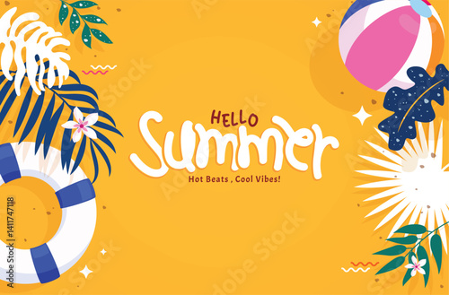 Hello summer background clipart design. Hello summer greeting text in empty space orange frame background with white and blue tropical elements clip art vector illustration.
