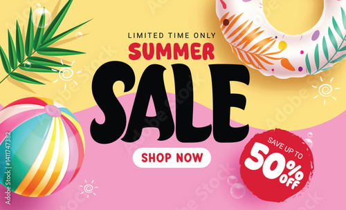 Summer sale abstract background clipart design. Summer sale in yellow and pink banner template for holiday season limited time shopping discount with tropical elements clip art vector illustration.
