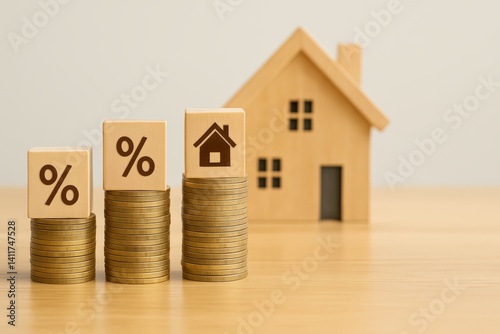 Stacked Coins Next to Wooden House Representing Mortgage and Interest Rates