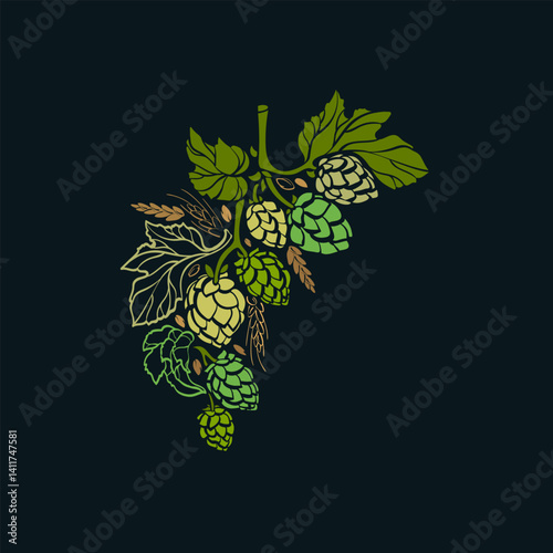 Hop cone, barley ear Vintage art craft beer symbol