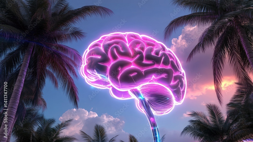 Neon Brain Art Among Tropical Palms at Twilight Sky