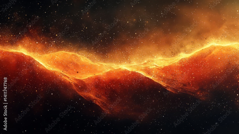 Fototapeta premium Stunning cosmic landscape featuring fiery orange waves against a starry backdrop, perfect for science fiction and space-themed projects.