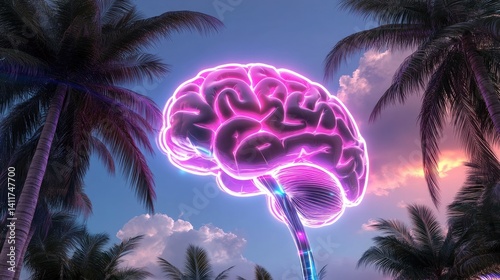 Obraz na płótnie Neon Brain Art Among Tropical Palms at Twilight Sky w salonie