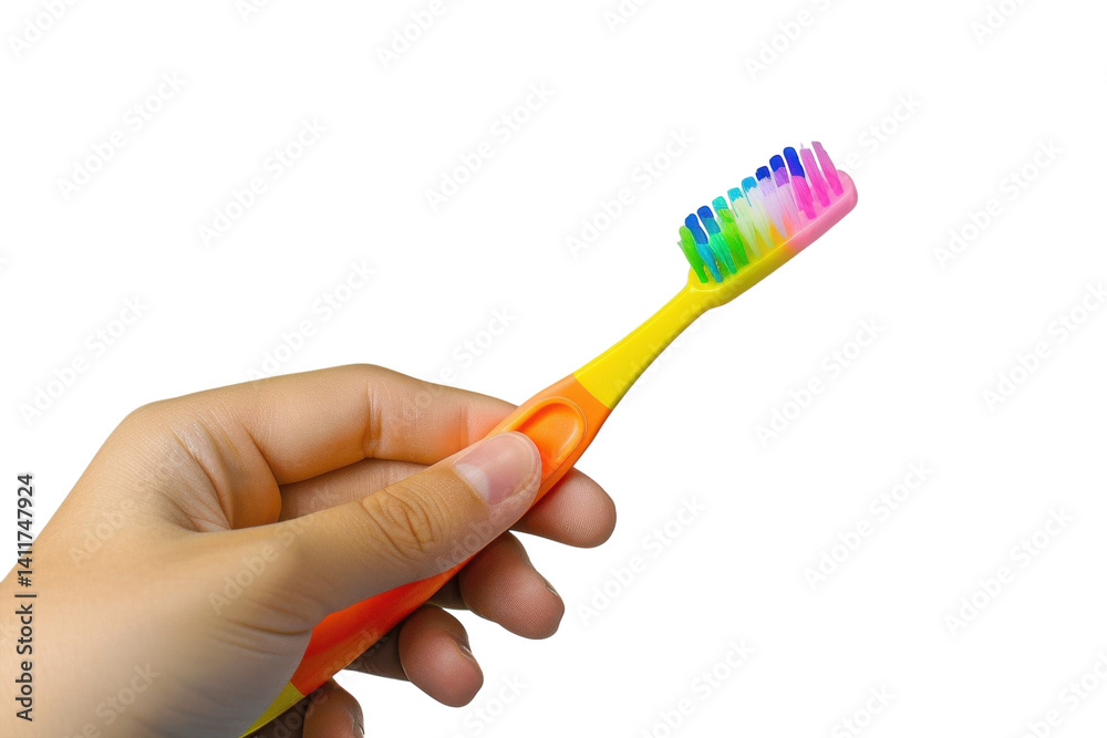 A vibrant handheld toothbrush with colorful bristles, showcasing dental care and hygiene in a bright setting isolated on transparent background A vibrant handheld toothbrush with colorful bristles, showcasing dental care and hygiene in a bright setting isolated on transparent background