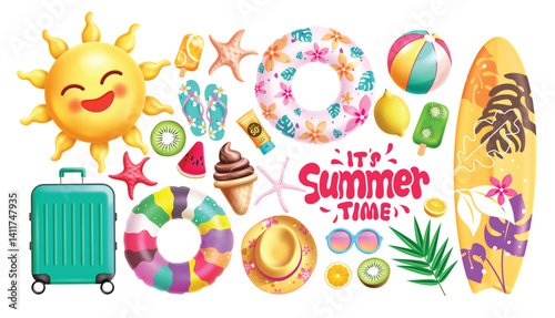Summer elements clipart set. Summer time tropical elements clip art collection like sun, surfboard, luggage bag and inflatable floaters for holiday vacation tour vector illustration.

