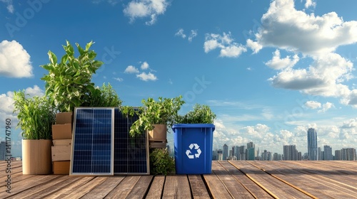 Sustainable Living Concept with Solar Panel and Recycling Bin Setup