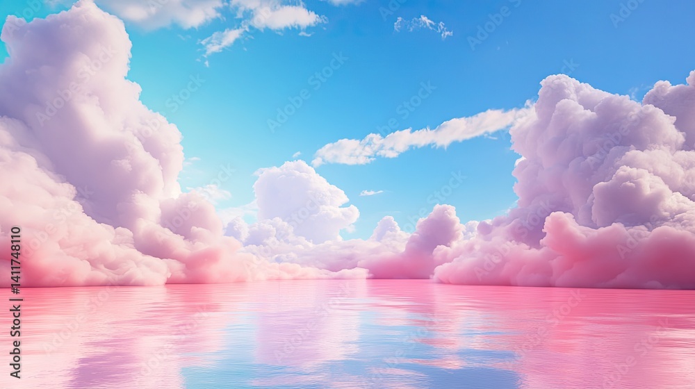Serene Horizon with Pink Clouds and Reflective Calm Water Surface