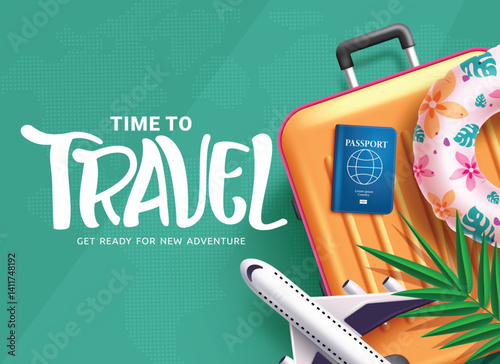 Travel time clipart template design. Time to travel text with luggage bag, inflatable ring, airplane and palm leaves elements clip art for summer vacation trip adventure in blue background