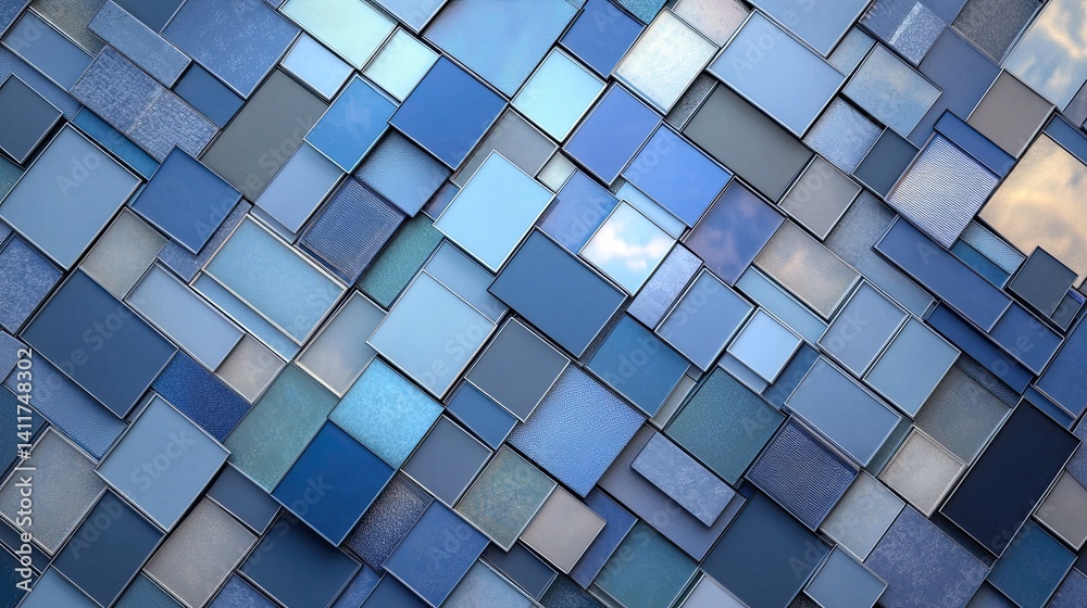Abstract Mosaic of Blue Tiles in Various Shades and Textures