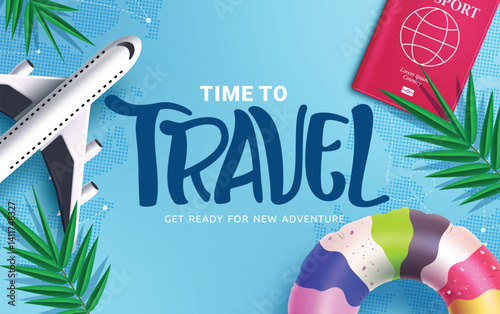 Travel time clipart banner design. Time to travel text in blue background with palm leaves, airplane, passport and inflatable ring elements clip art for summer holiday vacation trip