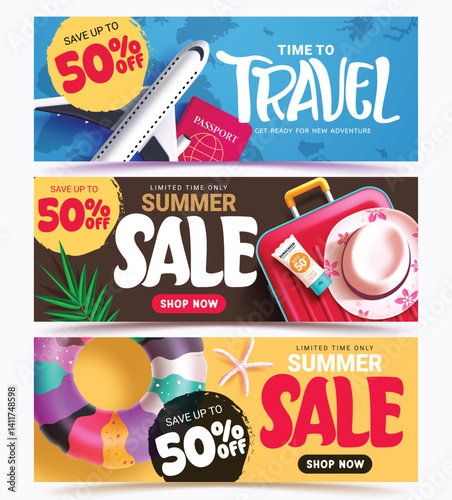 Travel time sale clipart banner set. Travel and sale text clip art with limited shopping discount 50% off in colorful background for holiday vacation trip flyers and advertisement collection