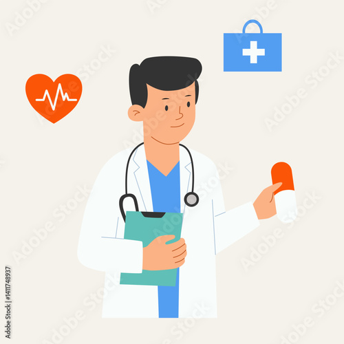 Male doctor in white lab coat holds pill in his hand. Vector illustration of medical worker