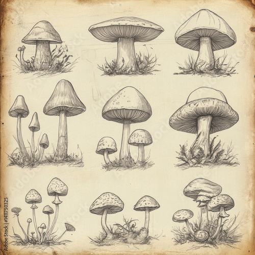 Detailed pencil illustrations of various types of fungi on parchment paper