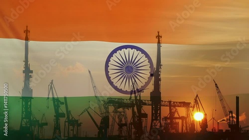 Industrial concept with India flag at sunset, silhouette of container harbor
