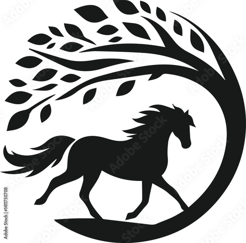 Vector silhouette of a horse with forest tree