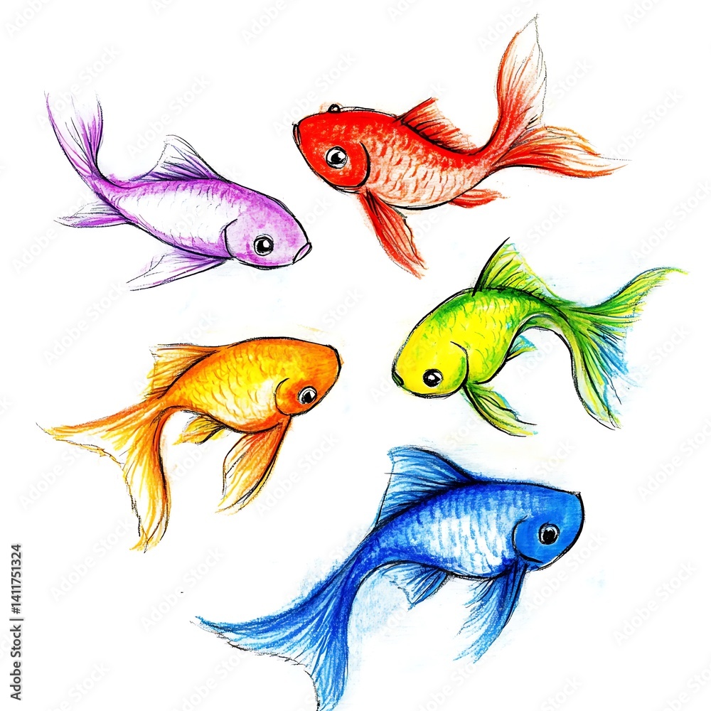Naklejka premium Colorful Koi Fish Illustration A Whimsical Arrangement of Five Vibrant Fish.