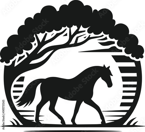 Vector silhouette of a horse with forest tree