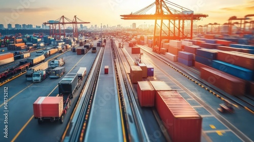 Busy container port at sunrise, trucks transporting cargo