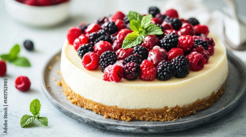 A creamy cheesecake topped with an assortment of fresh berries, including raspberries, blueberries, and blackberries, served on a gray plate. A creamy cheesecake topped with an assortment of fresh berries, including raspberries, blueberries, and blackberries, served on a gray plate.
