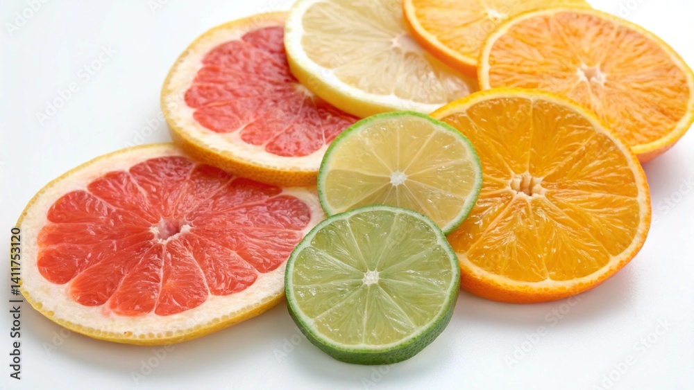 A colorful array of citrus fruit slices on a white background studio shot A colorful array of citrus fruit slices on a white background studio shot