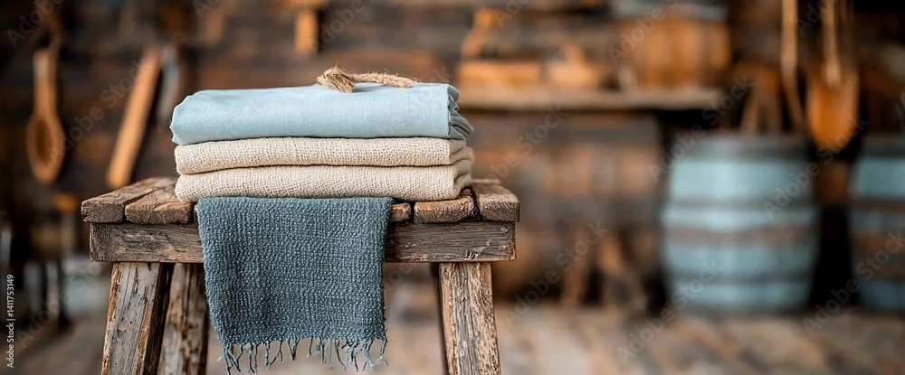 Obraz premium Stacked Soft Blankets on Rustic Wooden Bench