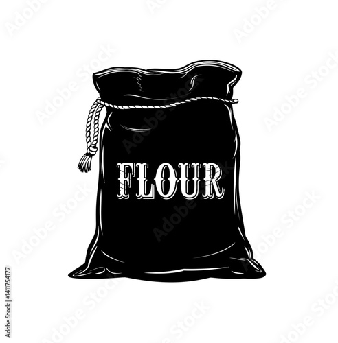 Flour sack vector illustration in black color on white background. Bag of flour closed with rope.