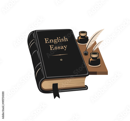 English essay book with inkpots and quills vector illustration isolated on white.