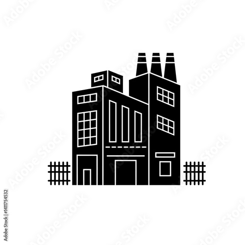 Industrial building vector in black color with white background. Manufacturing plant. Icon. Factory. Silhouette.