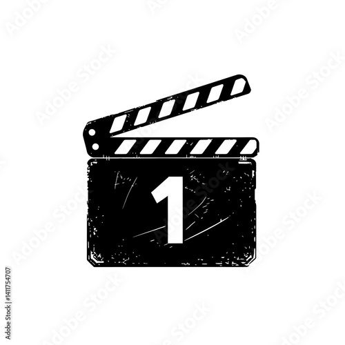 Grunge film clapperboard icon with number One. Movie scene starter vector illustration.