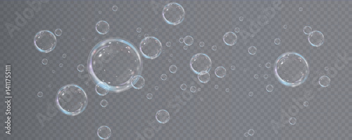 Realistic soap bubble vector illustration featuring a transparent, three-dimensional glossy ball. Clean and colourful with a rainbow shine, perfect for backgrounds, beauty products, or PNG overlays.	