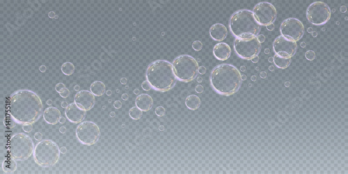 Realistic soap bubble vector illustration featuring a transparent, three-dimensional glossy ball. Clean and colourful with a rainbow shine, perfect for backgrounds, beauty products, or PNG overlays.	