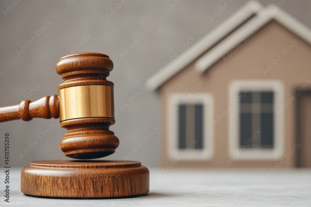 Wooden gavel on wooden base with a house model in the background symbolizing real estate law and property auction concept Wooden gavel on wooden base with a house model in the background symbolizing real estate law and property auction concept