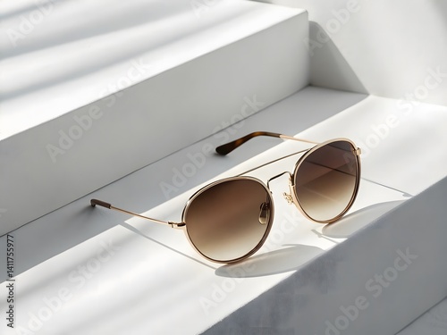 Stylish Round Sunglasses with Gradient Lenses on White Surface