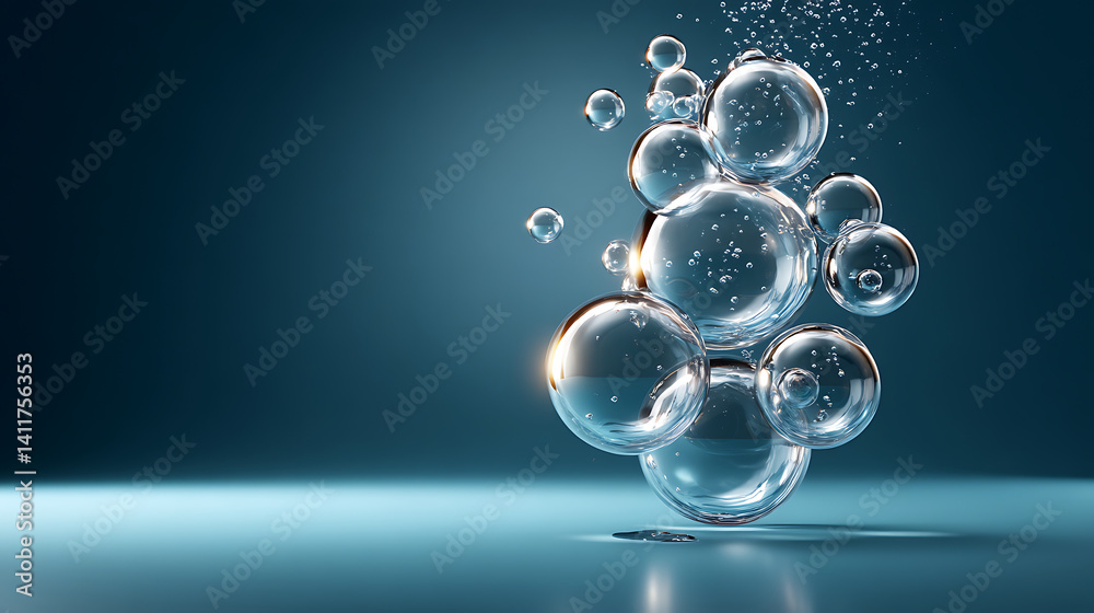 Floating bubbles on clean background minimal science concept for skincare soft blue gradient with clear bubble texture Floating bubbles on clean background minimal science concept for skincare soft blue gradient with clear bubble texture