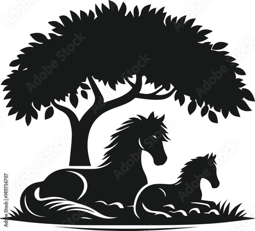 Vector silhouette of a horse with forest tree