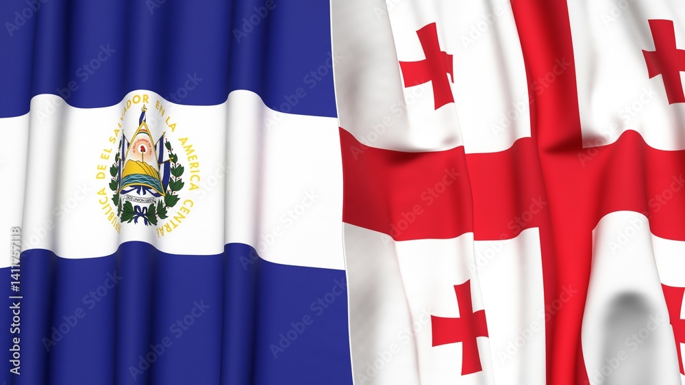 Fototapeta premium Flags of EL SALVADOR and GEORGIA with realistic cloth texture