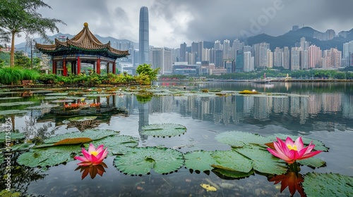 Serene Hong Kong Lotus Pond with City Skyline Reflection