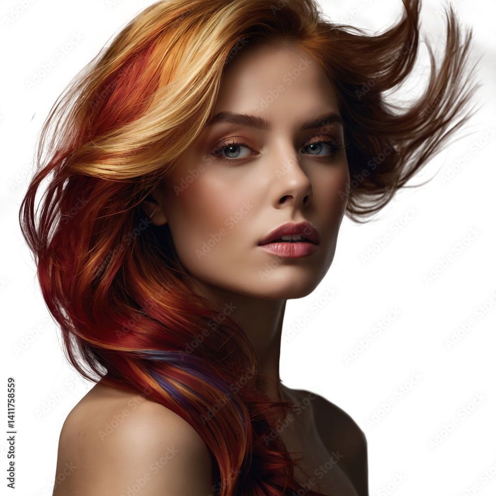 Naklejka premium Beauty fashion portrait of a woman with rainbow-dyed hair Sultry burgundy waves cascade down, shimmering vibrantly against a matching deep red backdrop, highlighting the hair's depth and elegance