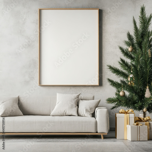 Cozy Living Room with Blank Frame and Christmas Tree Decoration
