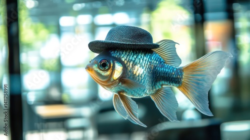 Goldfish Wearing a Hat in a Modern Office Environment

 photo
