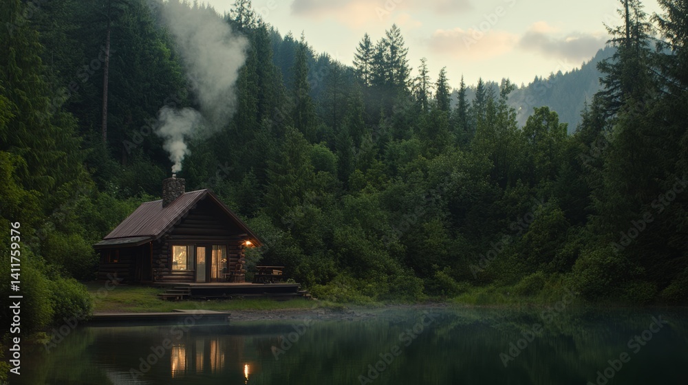 Fototapeta premium A remote wilderness park, featuring dense pine forests, a wooden cabin by the lake, and smoke rising from the chimney,